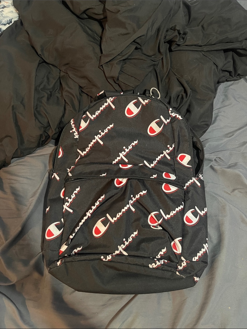 Champion Black Backpack with Red and White Logo Print
